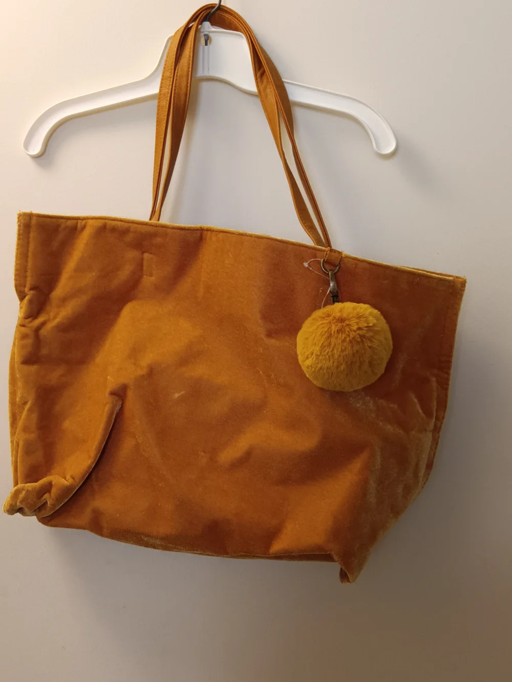 Mustard Velvet Tote Bag with Pom Pom Accent